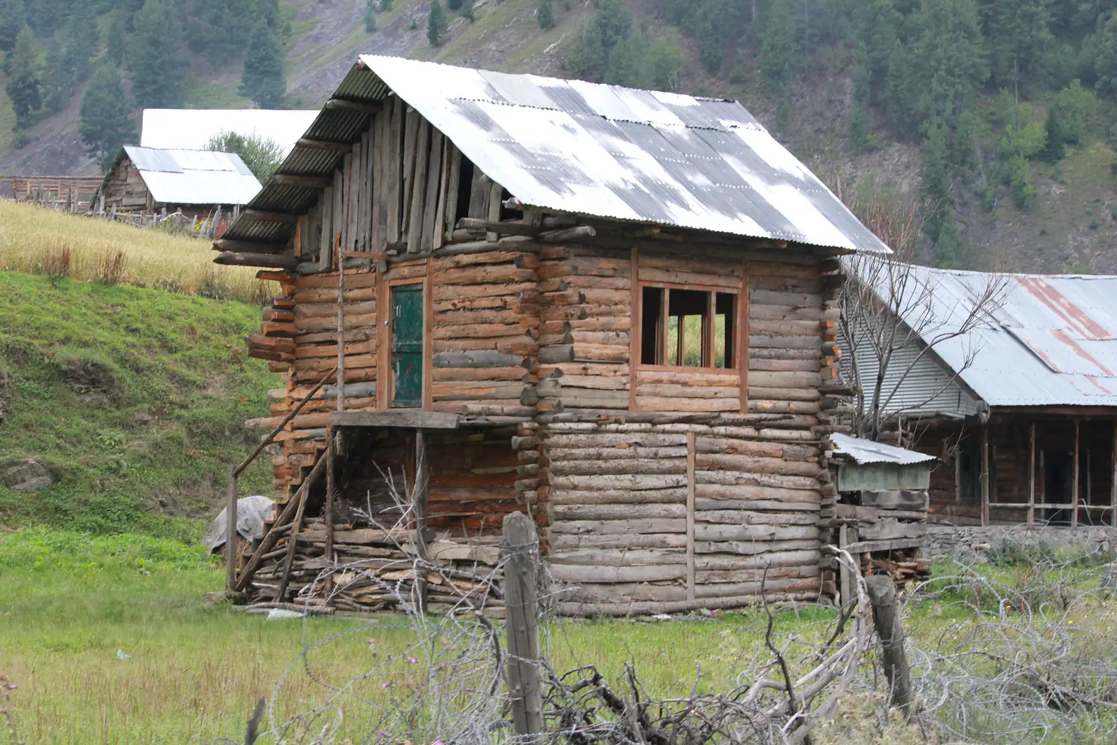 A log house beside green slopes in Gurez Valley