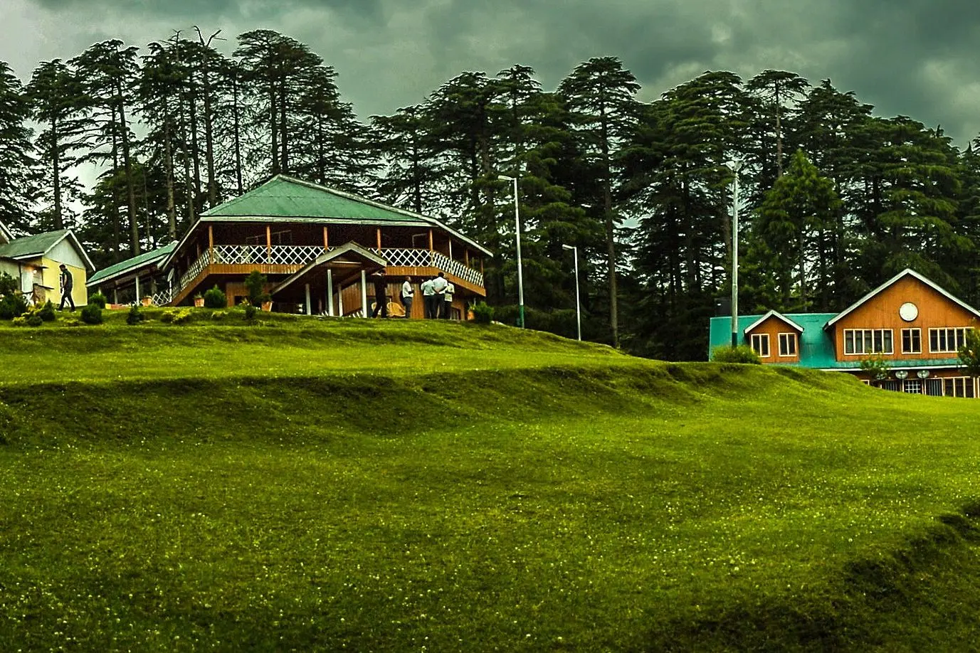 Cottages and pine trees on a green meadow at Patnitop, Jammu